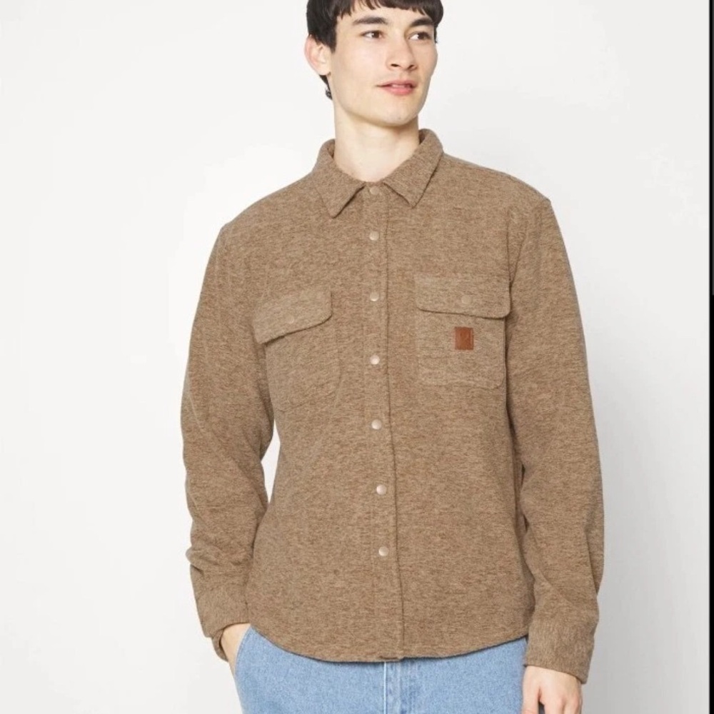 BRIXTON Mens BOWERY FLEECE Snap Front Oatmeal Shacket Jacket Shirt
